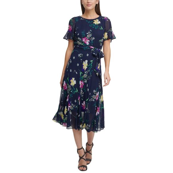 DKNY Womens Navy Zippered Sheer Tie Belt Lined Floral Flutter Sleeve Round Neck - Picture 1 of 3